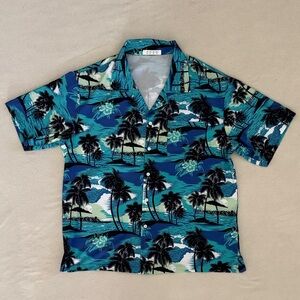 Hawaiian Tropical Print Button Up Short Sleeved Shirt in Blue and Green Men's XL